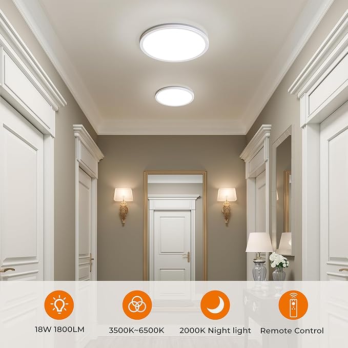 Matane Flush Mount Ceiling Light Fixture with Remote Control, Nightlight 8.7 Inch 18W 3000K-6500K Adjustable, Led Low Profile Ceiling Lights for Bedroom, Living Room,Dining Room, Kitchen, Round White