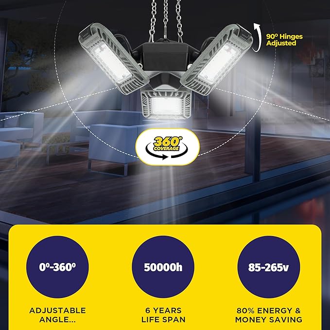 Triburst LED Shop Lights for Workshop, 4000 Lumens Super Bright Garage Lighting, LED Garage Lights, LED Shop Light, Ceiling Light with 3 Light Panels, Linkable, Plugs into Outlet, Easy to Install