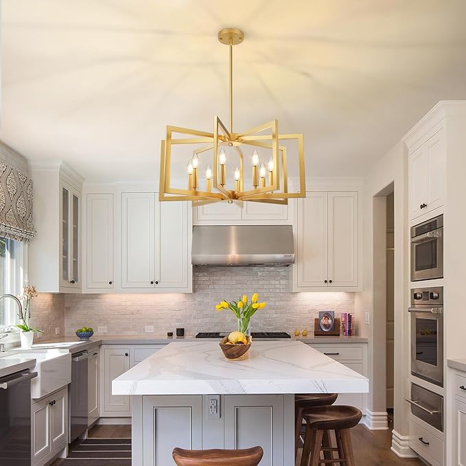 Bairth 8-Light Gold Chandelier, Farmhouse Dining Room Light Fixture, Modern Chandelier, Geometric Industrial Metal Hang Lighting Fixture for Foyer Entryway Kitchen Over Table Hallway Living Room