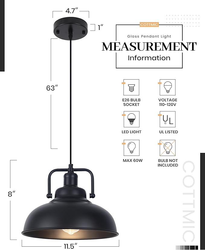Black Farmhouse Pendant Light Kitchen Island 3pack, 11.5in Industrial Kitchen Pendant Light, Metal Pendant Lighting, Hanging Light Fixture for Kitchen, Dining Room, Bar, Barn, Restaurant