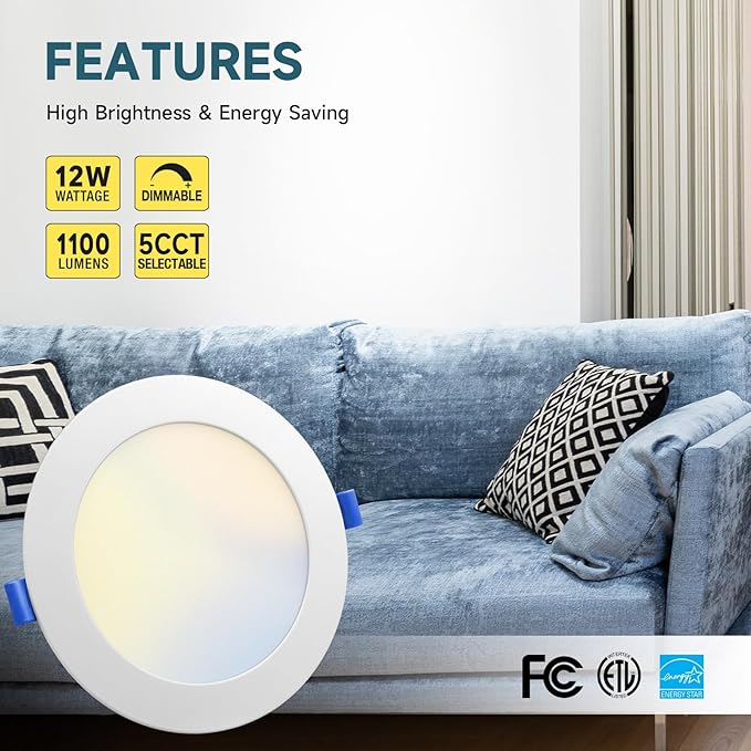 ECOELER 6 Pack 6 Inch 5CCT Ultra-Thin LED Recessed Ceiling Light with Junction Box, 2700K/3000K/4000K/5000K/6000K Selectable, 12W, 1100Lm, Dimmable Canless Recessed Lighting, ETL&FCC Listed
