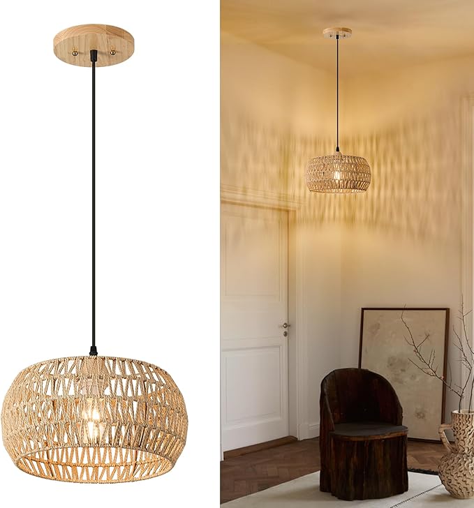 13 Inch Rattan Pendant Lights Farmhouse Boho Chandelier Light Fixture Rustic Wicker Hand Woven Pendant Hanging Light for Dining Room Kitchen Bedroom Foyer Hallway
