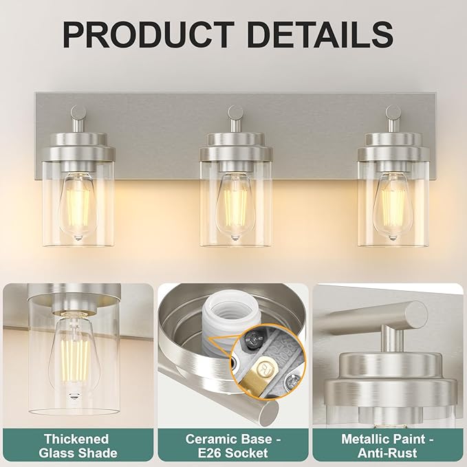 IZORRO Bathroom Vanity Light Fixture, 3-Light 22 Inch Brushed Nickel Bathroom Light Fixtures Over Mirror, with Clear Glass Shade, Modern Farmhouse Vanity Lights, Rustic Restroom Lighting Fixtures