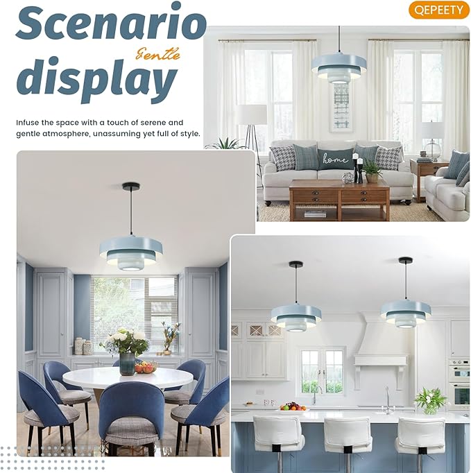 Light Blue Nordic Pendant Light, 59" Adjustable Cord, Mid Century Modern Ceiling Chandelier for Entryway, Laundry Room, Dining Room, Retro Hanging Lamp