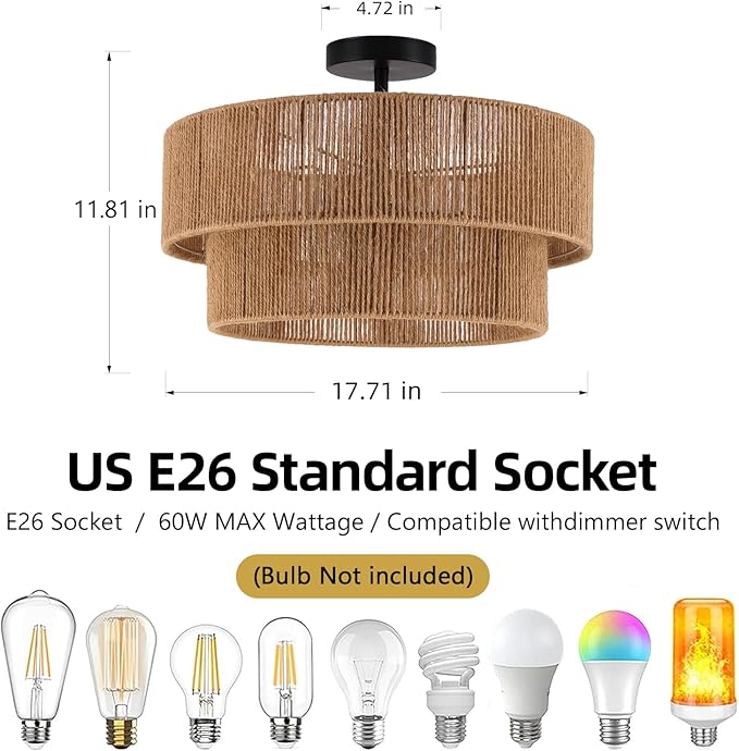 Boho Semi Flush Mount Ceiling Light Rattan Ceiling Light 18" Farmhouse Ceiling Lamp with Natural Hemp Rope Lampshade for Dining Room Living Room Bedroom Kitchen