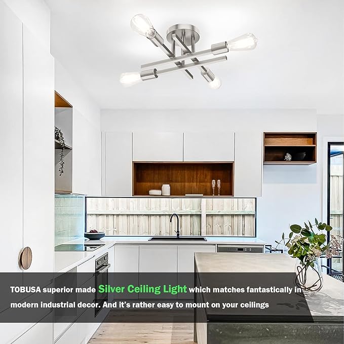 Brushed Nickle Semi Flush Mount Ceiling Lights, 4-Light Modern Industrial Sputnik Chandelier Light Fixture, Silver Flush Mount Light for Kitchen Bedroom Living Room Dining Room Closet, E26 Bulb Socket