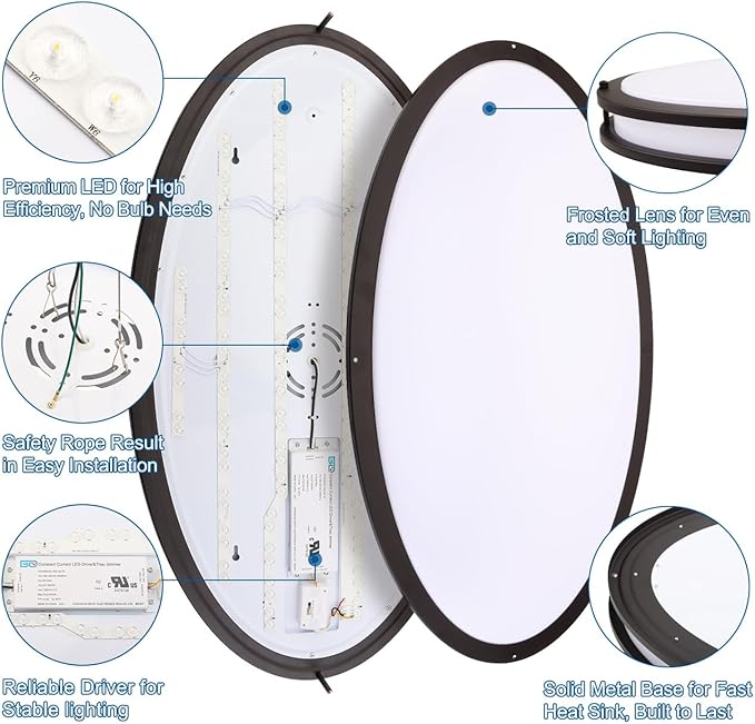 DAKASON 2Pack 32In Oval LED Flush Mount Ceiling Light for Kitchen, 50W Big Ceiling Light Fixture for Living Room, 3500K/4000K/5000K, Dimmable for Dining Room/Laundry/Hallway, Oil Rubbed Bronze