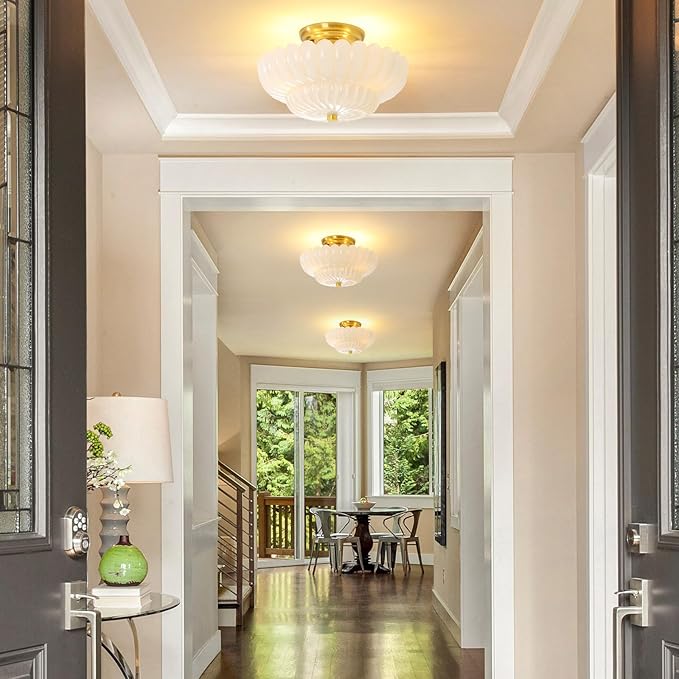 Semi Flush Mount Ceiling Light Fixture Vinatge Gold Ceiling Lights Mid Century Modern Milk White Glass Close to Ceiling Lighting Fixtures for Bedroom Hallway Foyer Bathroom Kitchen Laundry Room