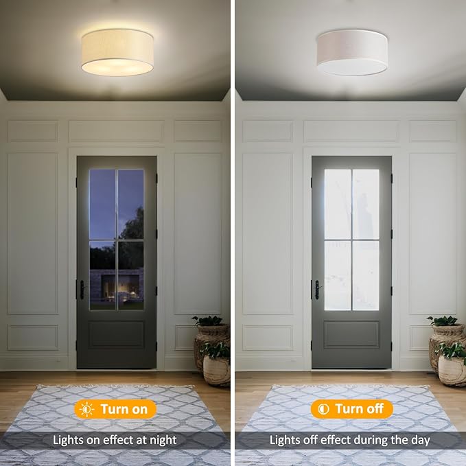 3-Light Semi Flush Mount Ceiling Light Fixture,Round Ceiling Light Fixture for Bedroom,12.6" Modern Close to Ceiling Light with Linen Fabric Drum Shade,Ceiling Lamps for Hallway Living Room