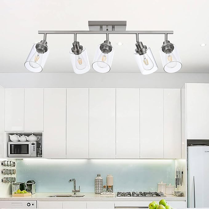 5 Light Multi-Directional Track Lighting Kit Brushed Nickel Kitchen Track Lighting Fixtures Ceiling Vanity Light Fixture with Clear Glass, Modern Rotatable E26 Spotlight for Kitchen Bathroom Hallway