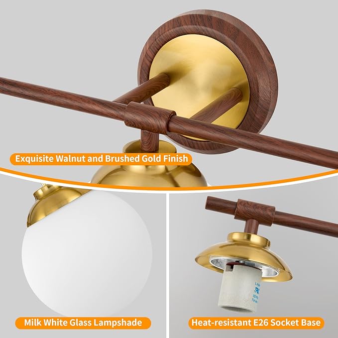 Rayogale Walnut Bathroom Light Fixtures, ETL 2 Lights Vanity Lights Over Mirror with Milk Glass Soft Lighting 15 Inch Bathroom Sconces(Exclude E26 Bulb)