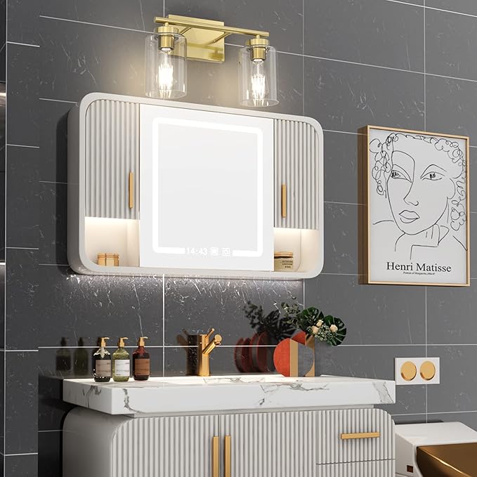 Aipsun Bathroom Light Fixtures,Brushed Brass Vanity Light Gold Wall Sconces Lighting Modern Bath Wall Mounted Lights with Glass Shade, Gold Wall Sconce for Bathroom(Exclude Bulb)