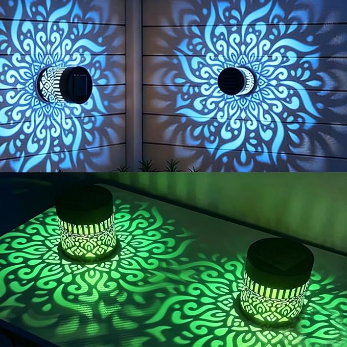 2 Pack Solar Fence Lights Mandala, Seven-Color Changing Solar Wall Mandala Lights Outdoor, Waterproof Metal Deck Step Lights for Garden Patio Post Backyard Yard Table