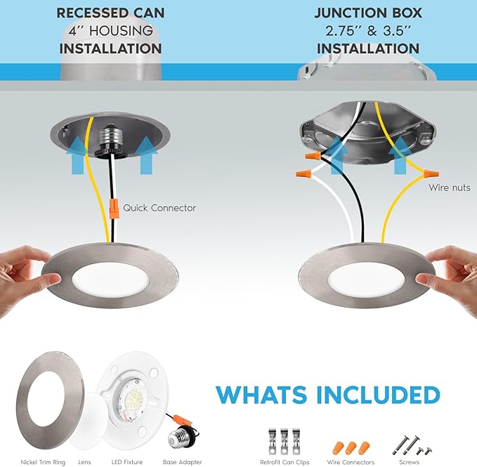 LUXRITE 3-4 Inch LED Flush Mount & Recessed Light, 7.5W, 5CCT 2700K-5000K, 650LM, Magnetic Trim, Dimmable Ceiling Can Light, Install to J-Box or 4 Inch Housing, Wet Rated, UL Listed, Brushed Nickel