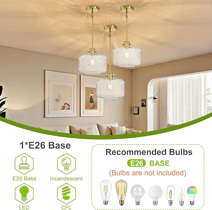 Glass Pendant Lights Kitchen Island, 9.84'' Brass Gold Pendant Lighting Fixtures, Modern Hanging Ceiling Light with Clear Hammered Glass Shade for Farmhouse Dining Room Bedroom Hallway(1 Pack)