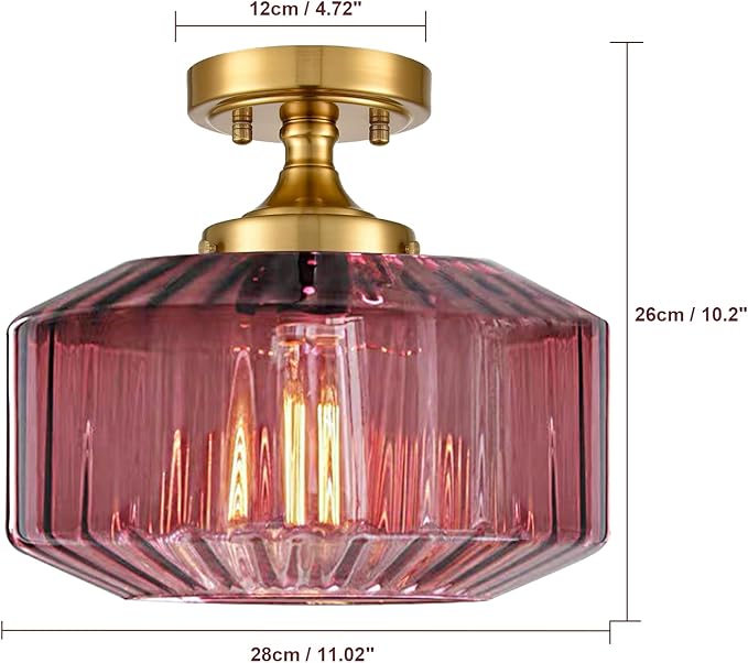Flush Mount Ceiling Light Fixtures，1-Light Gold Light Fixture with Seeded Purple Glass Shade, 11.02 Inch Industrial Ceiling Lamp for Hallway Foyer Porch