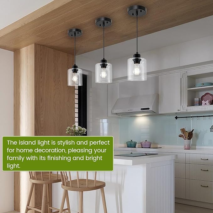 1 Light Hanging Pendant Light Fixtures, Adjustable Black Pendant Lights Kitchen Island, Modern Farmhouse Light Fixtures for Dining Room, Clear Glass Shade, E26 Base, 3 Packs