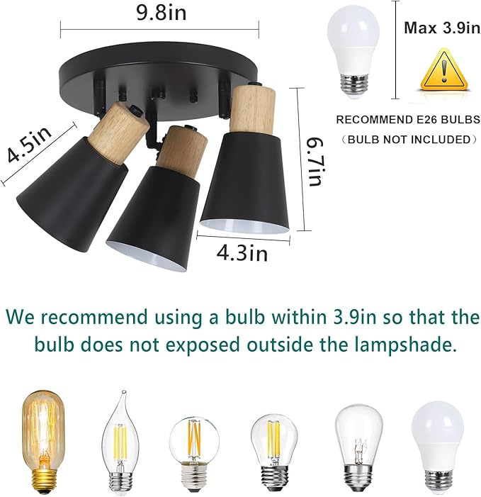 Industrial Flush Mount Ceiling Light Fixture, 3-Lights Multi-Directional Rotating Ceiling Lamp, Metal Black Kitchen Light Fixtures Ceiling Mount, Vintage Bedroom Ceiling Lights for Hallway Living Room