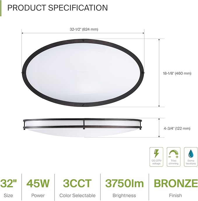ASD LED 32" Oval Flush Mount Lighting, Close to Ceiling Light Fixture | 3CCT, Dimmable, Energy Star, ETL Listed | 45W 3750LM 3000-5000K 100-277V | Low Profile Double Ring Lamp | Dark Bronze