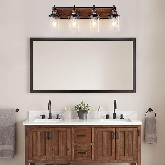 Lanhall 4-Light Farmhouse Bathroom Light Fixtures Vintage Bathroom Vanity Lights Over Mirror Black and Wood Painted Metal Vanity Light for Bathroom with Glass Shades E26 Socket