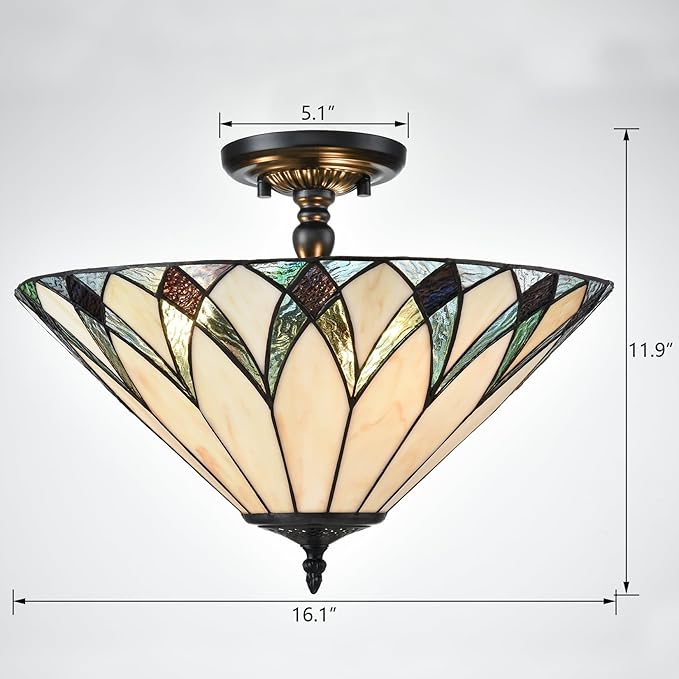 Tiffany Semi Flush Mount Ceiling Light 16.1-Inch 3-Light Mission Style Stained Glass Light Fixtures Ceiling Mount for Hallway Kitchen Bedroom Foyer Dining Living Room