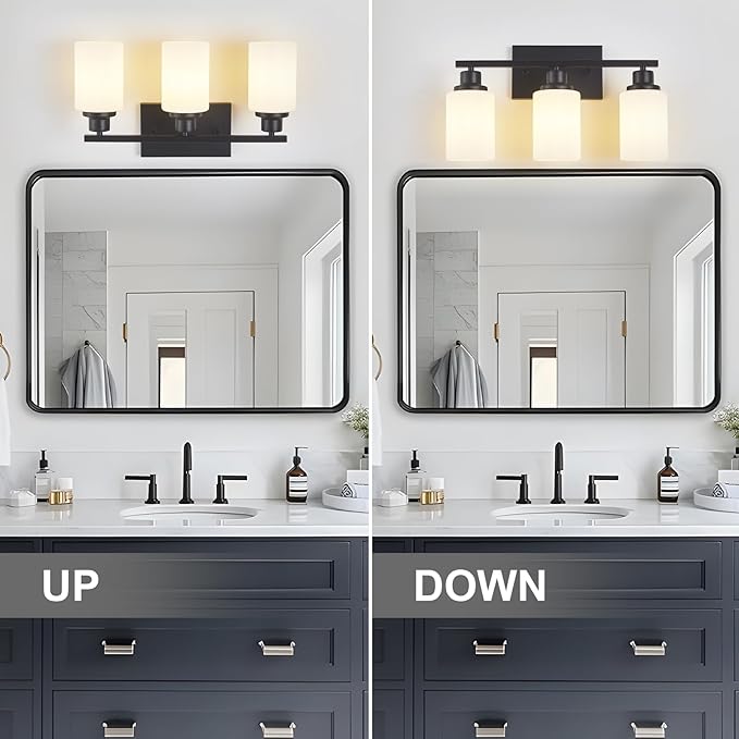 3-Light Black Bathroom Light Fixture Over Mirror,Modern Farmhouse Vanity Light,Wall Sconces with Milky White Glass Shade for Bathroom,Bedroom, Living Room,Staircase,Hallway E26