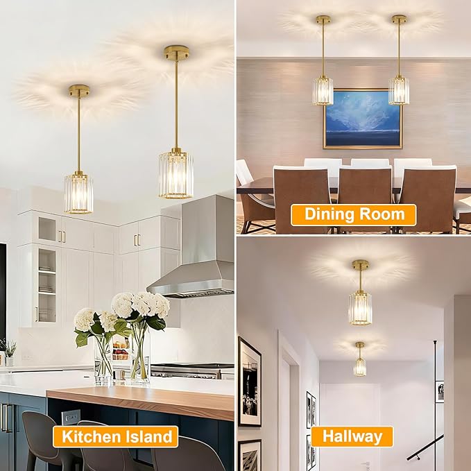 2 Pack Crystal Pendant Lights, Brushed Gold Kitchen Hanging Pendant Light Fixtures, Modern Hexagonal Crystal Pendant Lighting for Kitchen Island, Dining Room, Hallway, Foyer Entryways
