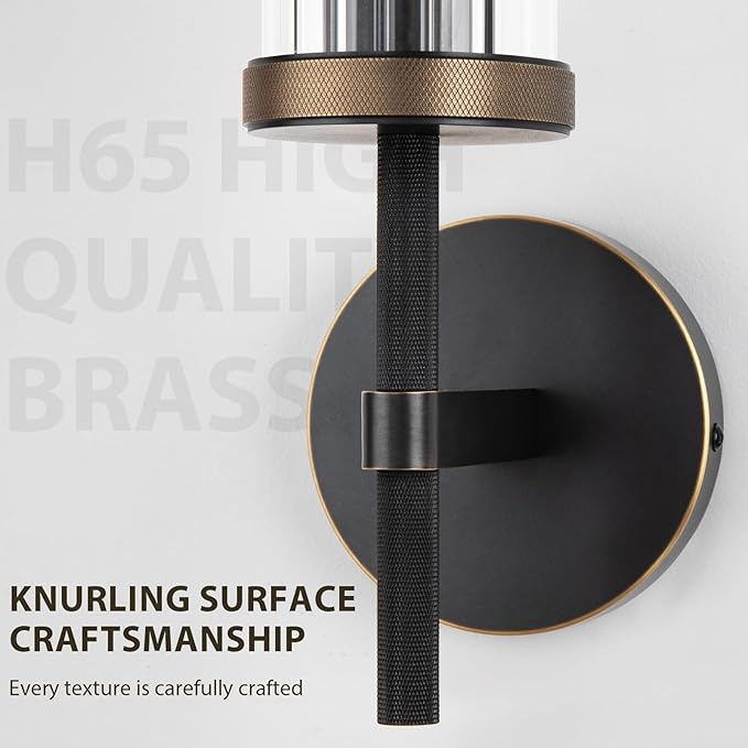 15" Knurled Brass Wall Sconce with Vertical Striped Glass Tube, Black Gold Bathroom Vanity Light Fixtures, Modern Lamp Lighting for Bedroom, Living Room, Hallway, Staircase, Mirror, Kitchen