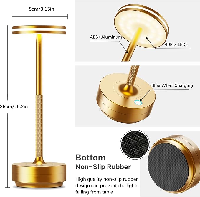 Hapfish 2 Pack Cordless Table Lamps Rechargeable, 5000mAh Battery Powered Lamp, 3 Color Modes, Dimmable, LED Table Lamps for Living Room,Outdoor, Dinner,Patio,Restaurant– Gold