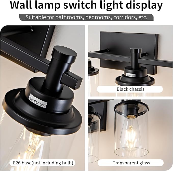 4-Light Bathroom Vanity Lights with Clear Glass Shades, Matte Black Over Mirror, Modern Wall Lamp for Mirror, Living Room, Bedroom
