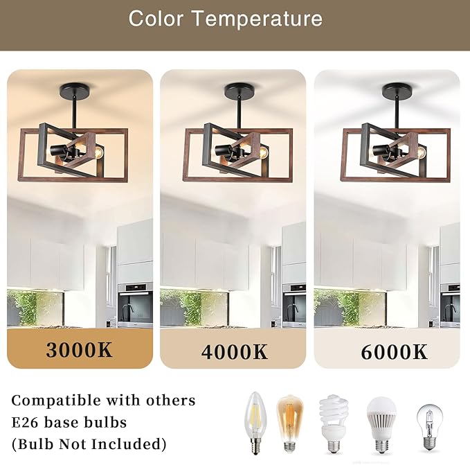 HuisMier Farmhouse 3-Light Flush Mount Ceiling Light Fixture Rustic Metal and Wood Chandelier Retro Close to Ceiling Lighting for Kitchen Entryway Hallway Bedroom Dining Room Living Room Foyer