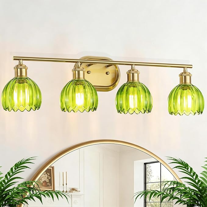 Gold Bathroom Light Fixtures, 4-Light Vanity Lights for Bathroom with Ribbed Green Tulip Glass Shade, Brass Wall Scone Lighting Over Mirror for Farmhouse,Bedroom,Living Room,Hallway