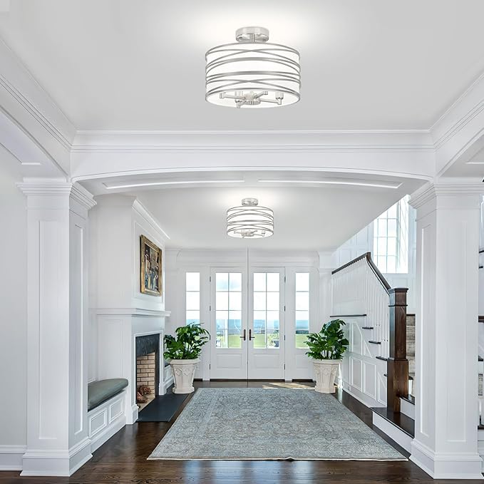 TOULMJ 4-Light Semi Flush Mount Ceiling Light, Brushed Nickel Drum Chandelier with White Fabric Shade, Modern Farmhouse Light Fixtures for Kitchen Island Laundry Room Hallway Dining Room