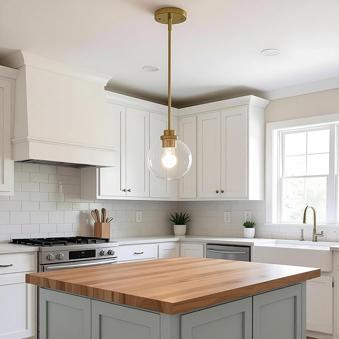 Gold Pendant Light – 7 Inch Clear Glass Farmhouse Hanging Fixture, Adjustable Height & Sloped Ceiling Compatible for Kitchen Island Dining Room Entryway Bedroom Hallway, 1 Pack