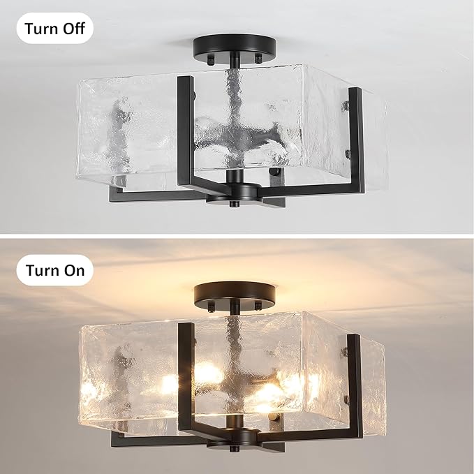 Black Semi Flush Mount Ceiling Light 4-Light Glass Light Fixtures Ceiling Mount,14.96" Modern Farmhouse Light Fixture for Foyer, Hallway, Entryway, Dining Room, Kitchen, Bedroom, Porch