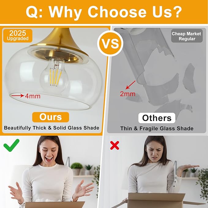 2 Pack Pendant Lights Kitchen Island, Modern Gold Pendant Light Fixtures with 8.5" Clear Glass Shade, Industrial Hanging Pendant Lights for Kitchen Island Dining Room Bedroom Hallway Entryway