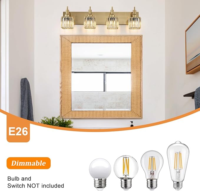 Gold Bathroom Light Fixtures, 4-Lights Crystal Bathroom Vanity Light Over Mirror Modern Gold Crystal Wall Light