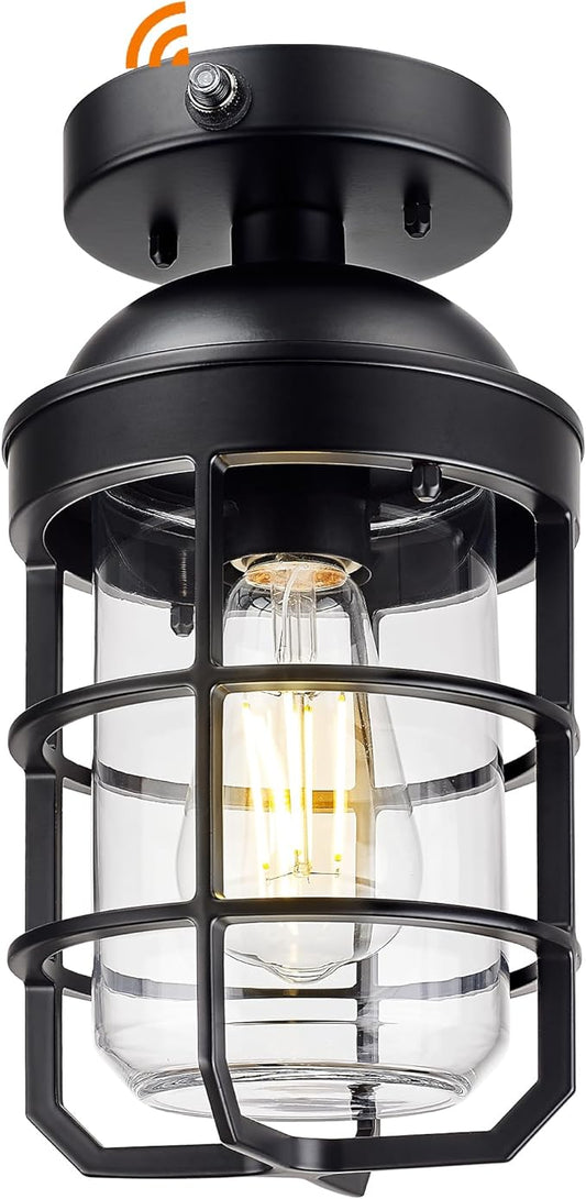 Emliviar Classic 11.1 Inch Dusk to Dawn Hallway Light Fixture in Black Finish, Semi Flush Ceiling Light Fixture with Clear Tempered Glass Shade for Hallway, GE255LF-PC BK