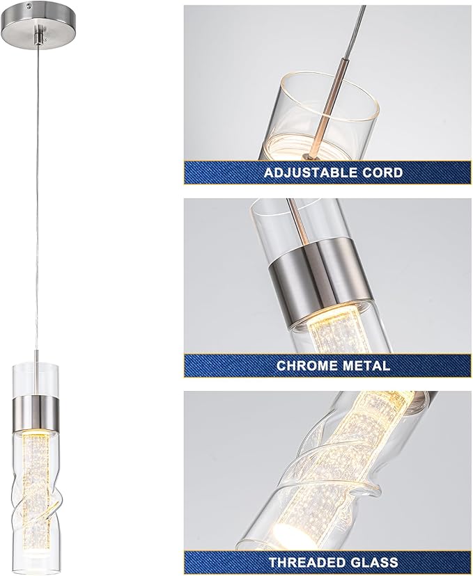 WILON Pendant Lights Kitchen Island, 24W Modern Kitchen Island Lights Brushed Nickel, Ceiling Lighting Fixtures with Crystal Bubble, Integrated LED Hanging Light for Dining Room Restaurant(3 Pack)