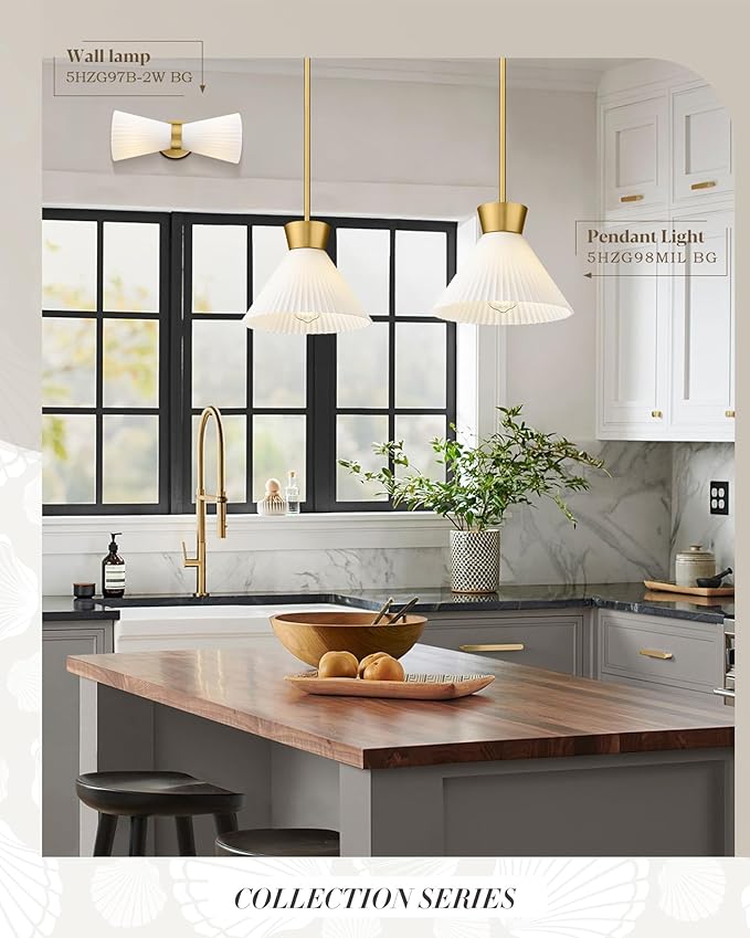 Modern Pendant Light Fixture, HWH White and Gold Kitchen Island Lights 11 Inch, 1-Light Hanging Lighting for Dinning Room Schoolhouse, Frosted Striped Glass Shade, 5HZG98MIL BG