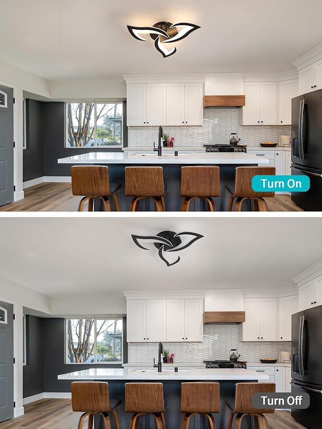 Goeco Modern Ceiling Light, Dimmable Black Acrylic Ceiling Light with Remote Control (3000K-6500K), 3-Head Flower Shape LED Ceiling Lamp for Living Room, Bedroom, Dining Room, Kitchen