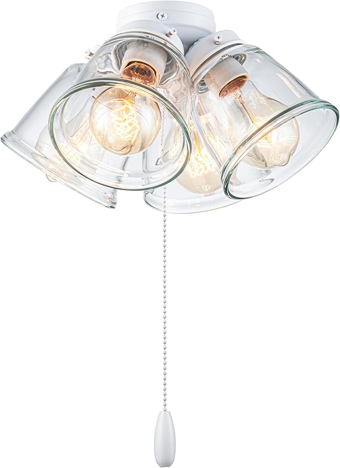 Aspen Creative 22018-1, Four-Light Ceiling Fan Light Kit with Pull Chain, Matte White Finish with Clear Glass Shades, 13-1/8" Diameter x 6-3/4" Height
