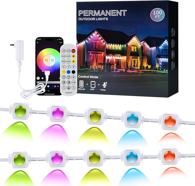 Permanent Outdoor Lights 100ft 60 LED RGBIC, APP Control with Remote, Music Sync DIY DreamColor, Timing Warm Cool White, IP65 Waterproof for Halloween Christmas House Eave Decorations