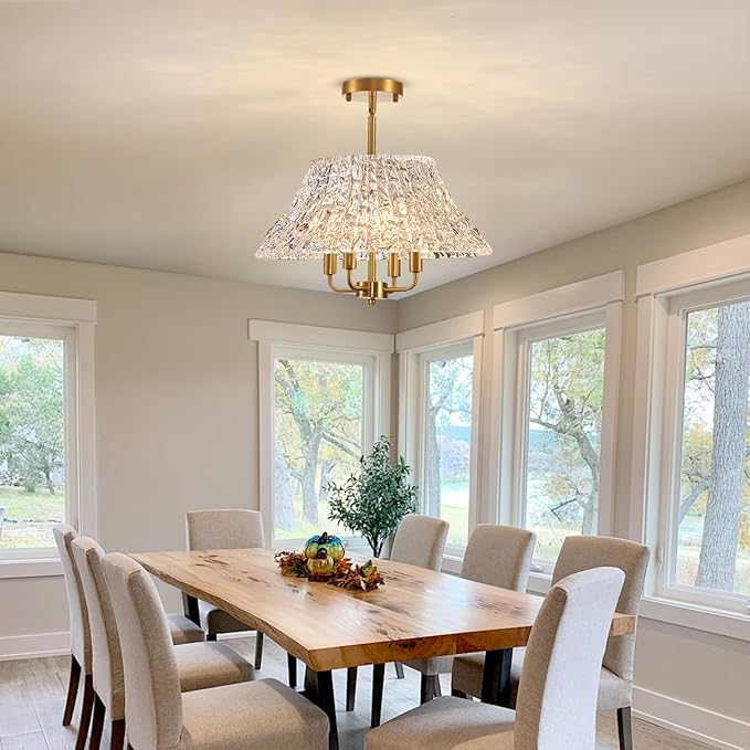 4-Light Gold Flush Mount Ceiling Light - 14 Inch Bright Vintage Glass Art Deco Fixture, Mid Century Modern Close to Ceiling Lamp for Bedroom Kitchen Hallway, E12 Candelabra Base (Bulbs Not Included)