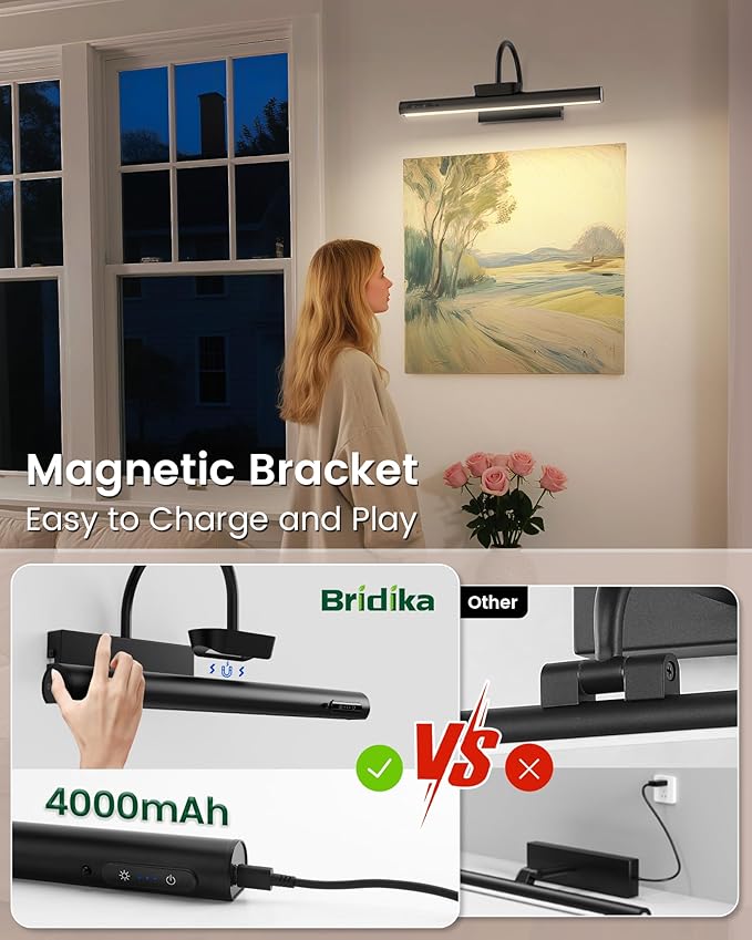 Bridika Picture Light Battery Operated, 13.8in Picture Lights for Wall, 3 Colors & Brightness Dimmable, Rechargeable Art Light for Paintings Photo Dartboard Gallery Bedroom Bathroom Black