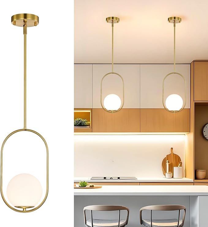 Alighting Gold Globe Pendant Lights Kitchen Island | Mid-Century Modern E12 Pendant Light Fixtures for Dining Room, Bedroom, Entryway, Commercial Spaces, Adjustable Length with 5.9" Glass Shade