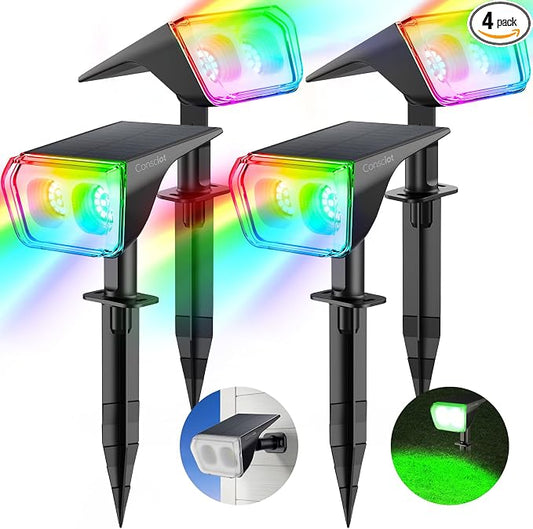 Consciot Solar Spot Lights Outdoor, 30 LED Waterproof Color Changing Solar Spotlight, 2 in 1 Adjustable Wall Lights, 10 Colors, Dusk-to-Dawn Solar Landscape Spotlights for Garden Yard Walkway, 4 Pack