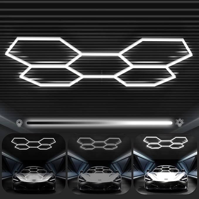 FERUERW Hexagon Garage Lights 3 Level Dimmable, High Brightness 168W 5600 to 18480 Lumens 6500K Honeycomb Led Light 5 Grid for Garage, Auto Beauty Shop, Car Detailing Shop, Workshop