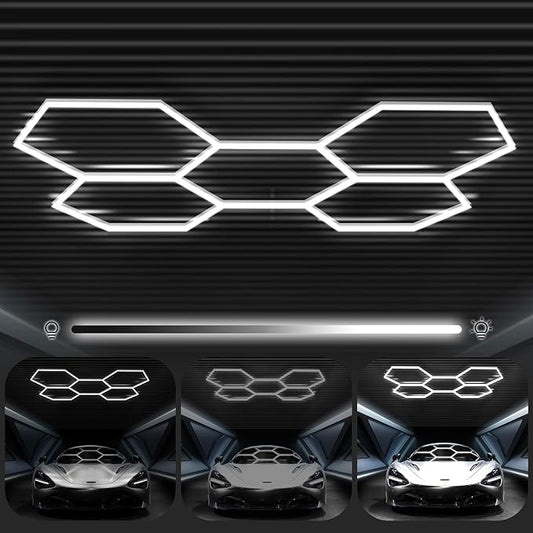 FERUERW Hexagon Garage Lights 3 Level Dimmable, High Brightness 168W 5600 to 18480 Lumens 6500K Honeycomb Led Light 5 Grid for Garage, Auto Beauty Shop, Car Detailing Shop, Workshop