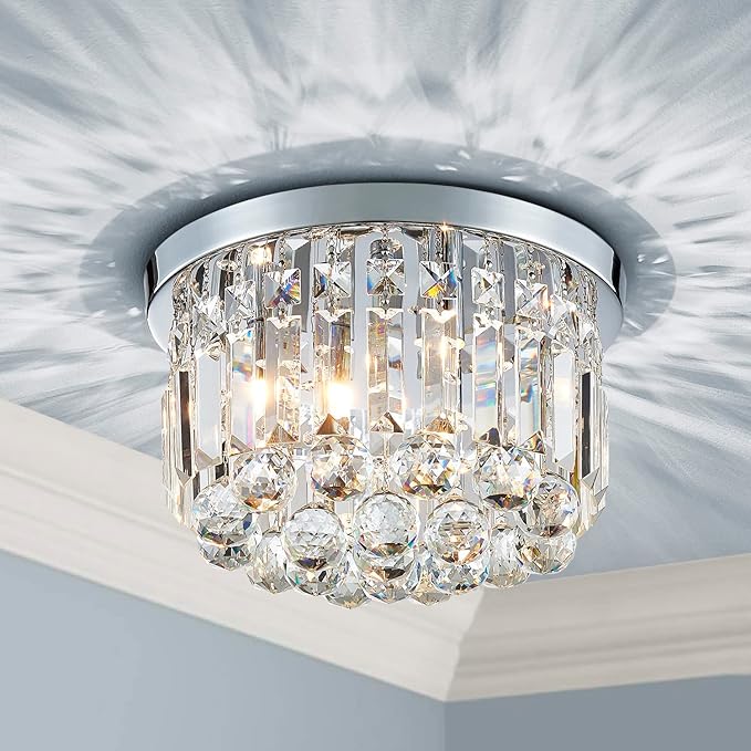 AGV LIGHTING 16061 K9 Crystal Flush Mount Ceiling Light Fixture, Close to Ceiling, Modern Design, 3-Lights, Perfect for Foyer, Living Room, D12 x H10, Chrome Finish